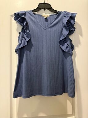 Ruffled Sleeve V-Neck Tank Top in Dusty Blue